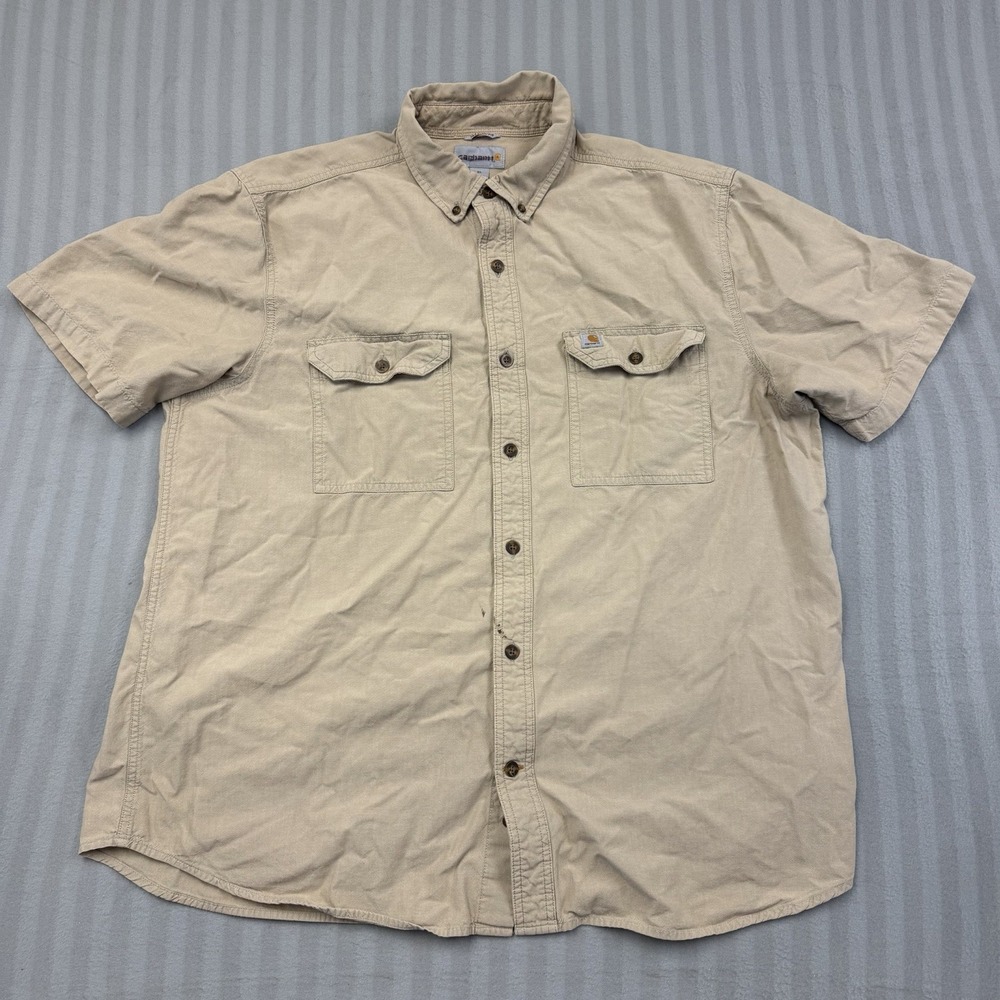 Carhartt Men's XL Relaxed Fit Short Sleeve Button Down Shirt Tan Stain Front